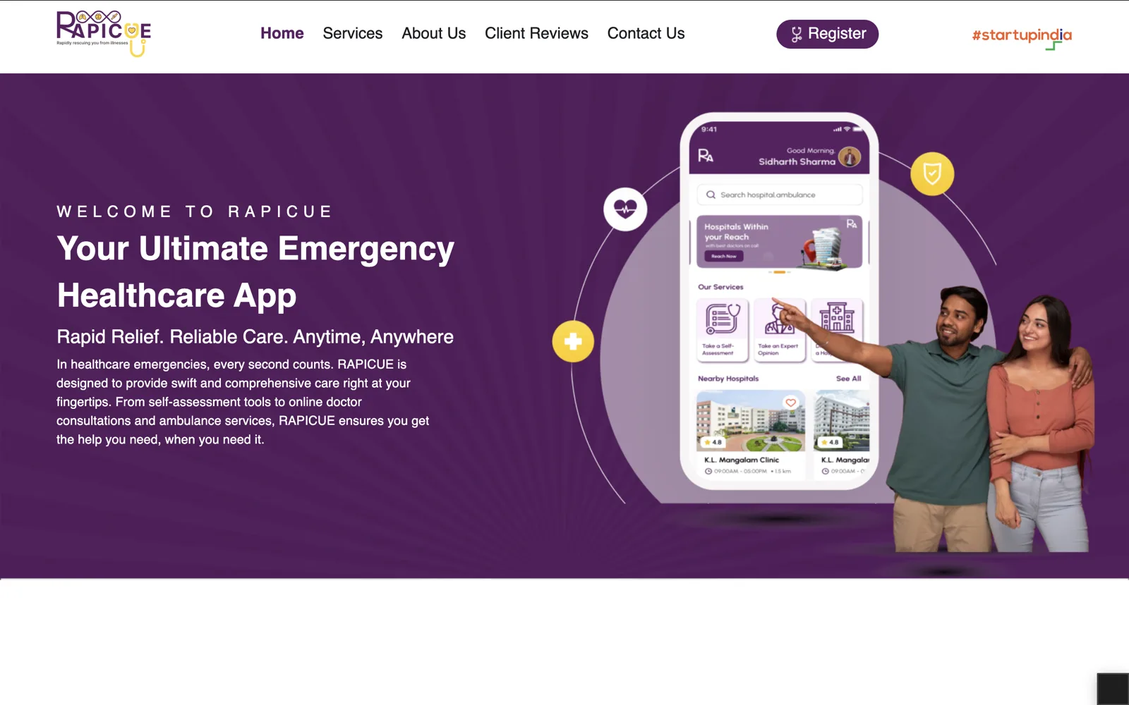 Rapicue emergency healthcare app home screen